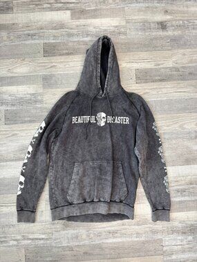 Beautiful Disaster Black Acid Washed Graphic Hoodie Women's Large Skulls F4